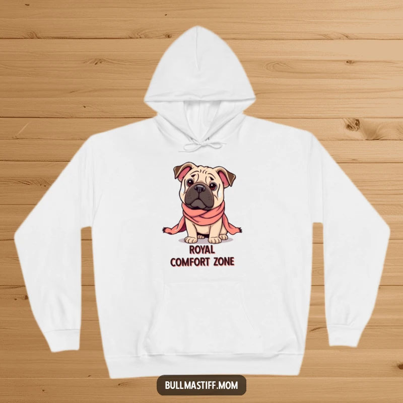 Funny Regal Bullmastiff hoodie featuring a dog in a majestic pose, draped in a silk scarf, offering warmth and regal humor.