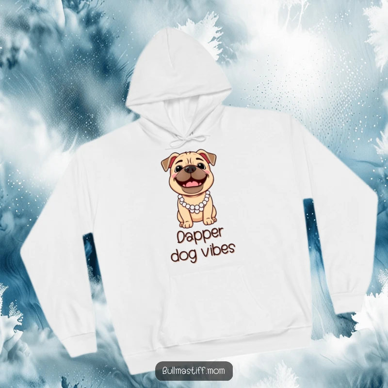 Funny Bullmastiff dog wearing a pearl necklace, smiling broadly, printed on a cozy hoodie.