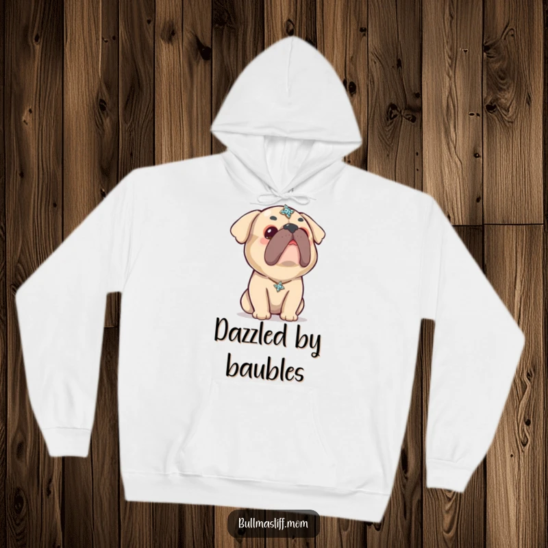 Funny Kawaii Bullmastiff Hoodie: An incredibly cute Bullmastiff looks up with wide, curious eyes at a sparkling brooch, perfect for cozy charm.