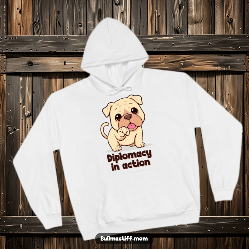 Funny Bullmastiff hoodie featuring a happy dog with a wagging tail extending its paw for a humorous handshake. Cozy gift.