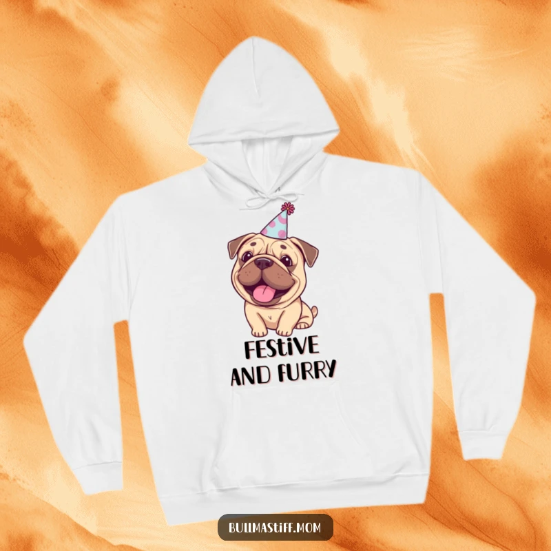 Funny Bullmastiff party hoodie, a happy dog wearing a tiny party hat, perfect for festive occasions.