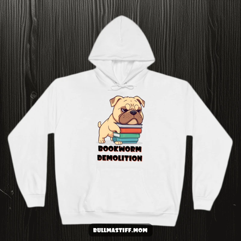 Funny Bullmastiff hoodie featuring a determined dog with a grimace attempting to balance a tower of books. Hilarious study gift.