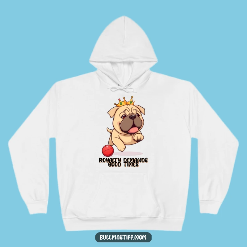 Funny Bullmastiff Crown Hoodie: Cozy Royal Pup Chasing Ball, Warm Funny Gift