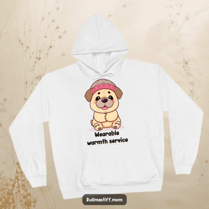 Funny Bullmastiff hoodie showcasing a cheerful, hat-wearing dog with its paws outstretched, offering a welcoming and humorous hug.