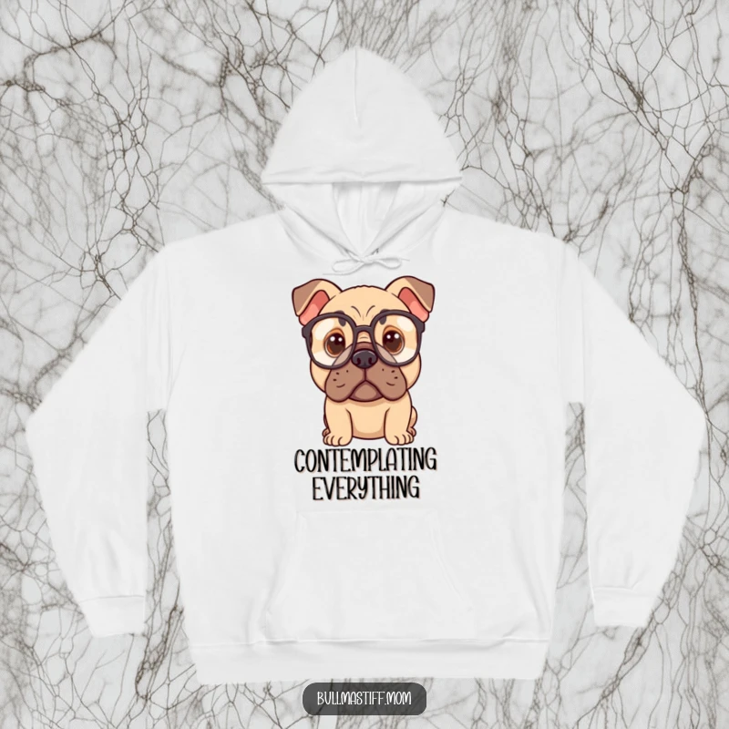Funny Bullmastiff character with oversized spectacles, looking thoughtful, perfect for a cozy hoodie.