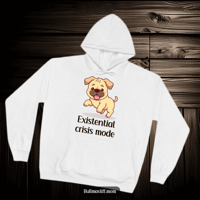 Funny Bullmastiff hoodie depicting a happy dog with floppy ears in a comical tail-chasing frenzy. Perfect funny gift.