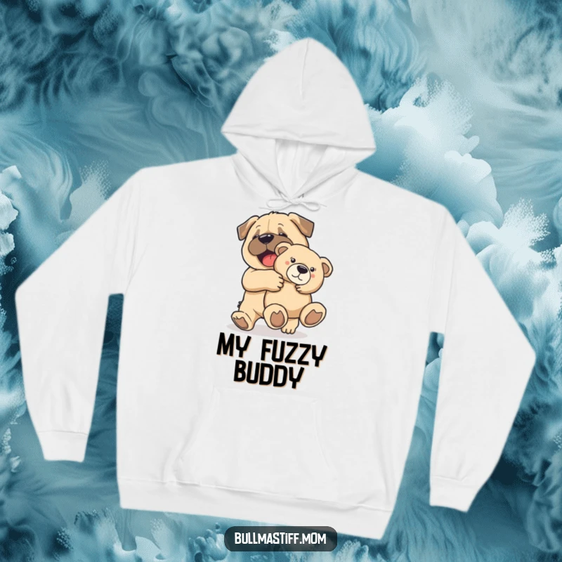 Funny Bullmastiff character joyfully carrying a teddy bear, perfect for a cozy and happy hoodie.