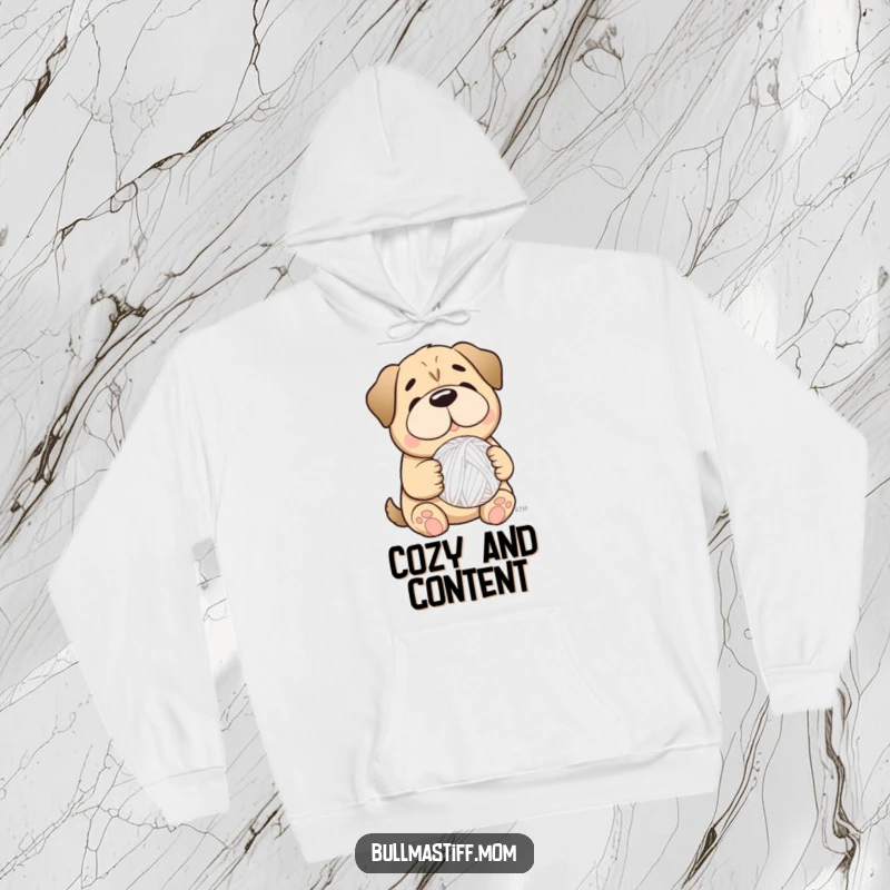 Funny Bullmastiff character with a smile, holding a yarn ball, perfect for a cozy and funny hoodie.
