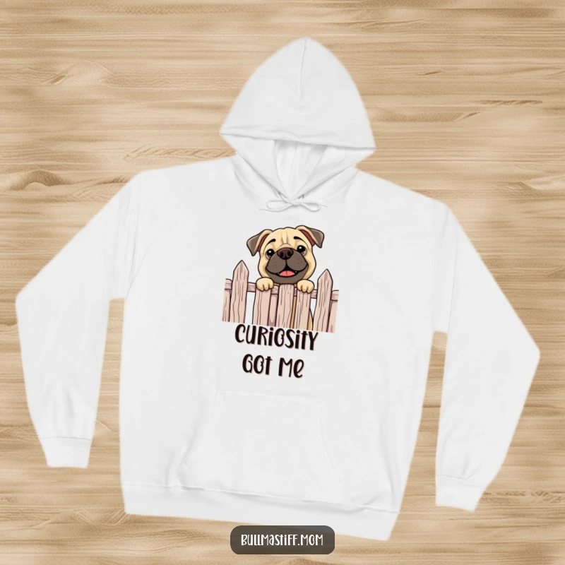Funny Bullmastiff hoodie depicting a curious dog happily peeking over a fence, offering cozy comfort and playful intrigue.