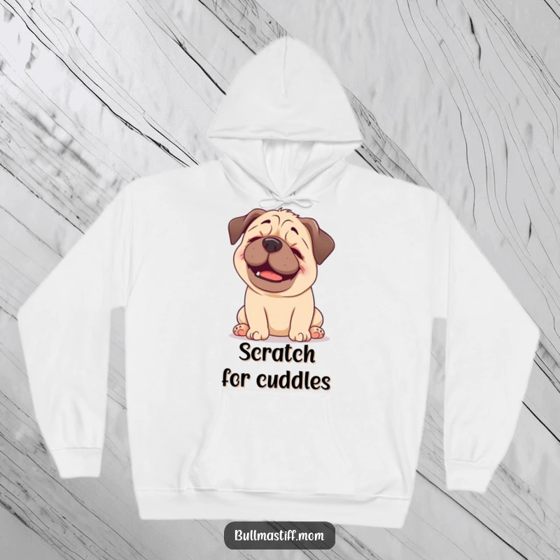 Funny Bullmastiff hoodie depicting a happy dog blissfully enjoying a gentle head scratch, offering cozy comfort and lighthearted humor.