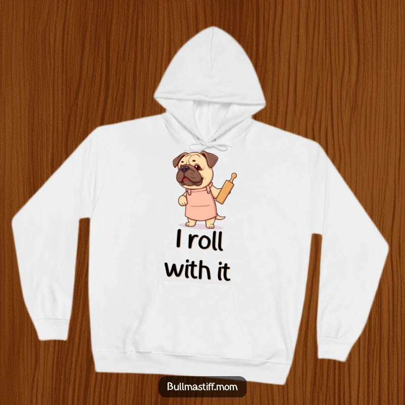Funny Bullmastiff hoodie showing a dog wearing a cute apron and proudly holding a rolling pin, baking theme.