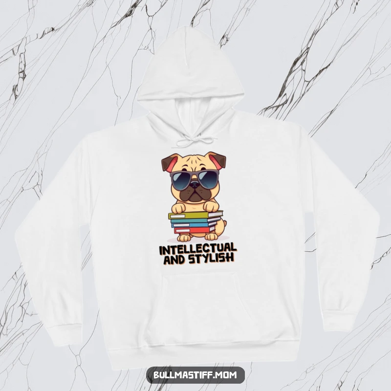 Funny Bullmastiff Hoodie: A dog wearing large sunglasses, balancing books, exuding a chill, intellectual, and humorous aura.