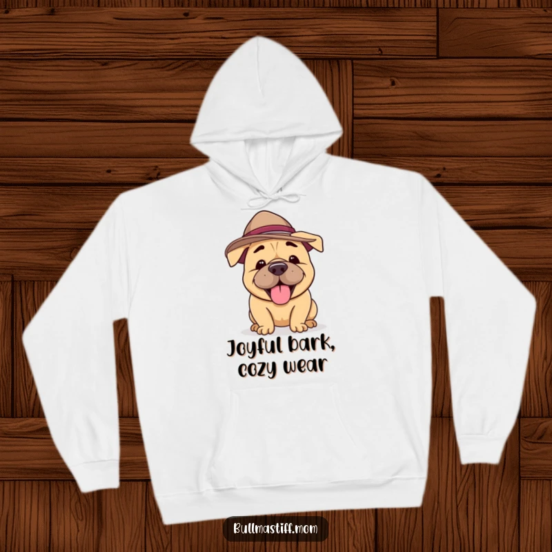Funny Bullmastiff Hoodie showing a happy dog in a silly hat, barking with joy, offering cozy and humorous comfort.
