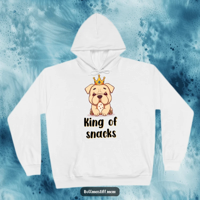 Funny Bullmastiff wearing a small crown, enjoying a treat, featured on a cozy and humorous hoodie.