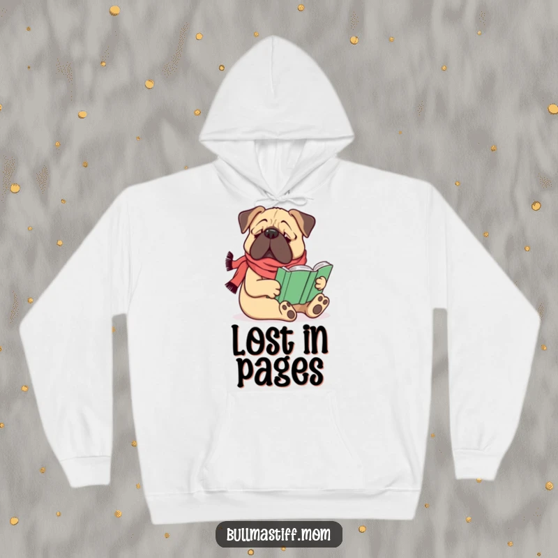 Funny Bullmastiff dog wearing a scarf, comfortably reading a book, on a warm hoodie, a great funny gift.