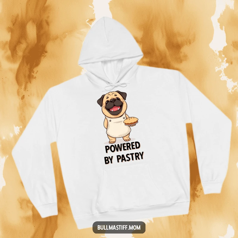 Funny Bullmastiff hoodie featuring a happy dog in an apron, proudly presenting a delicious homemade pie, embodying kitchen humor.