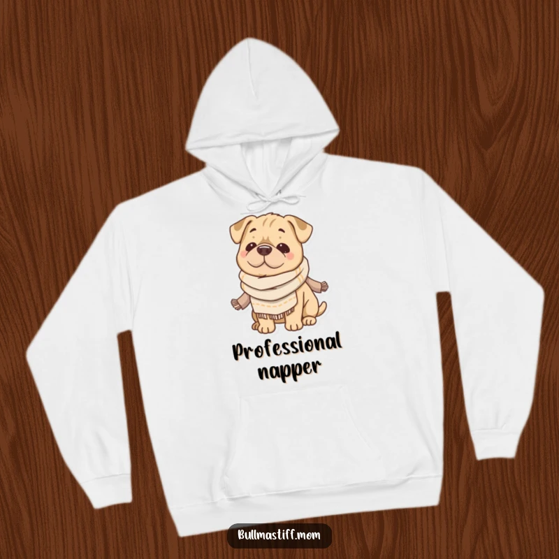 Funny Bullmastiff hoodie featuring a content dog wearing a soft scarf, looking incredibly cozy and pleased. An ideal funny gift.
