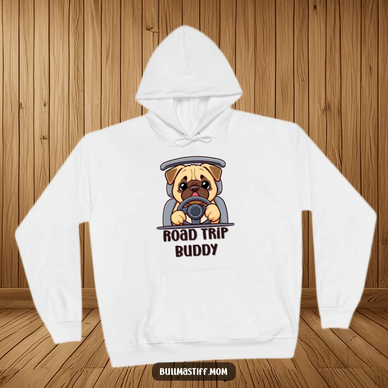 Funny Bullmastiff hoodie showing a joyful dog wearing a steering wheel, ready for a leisurely drive.