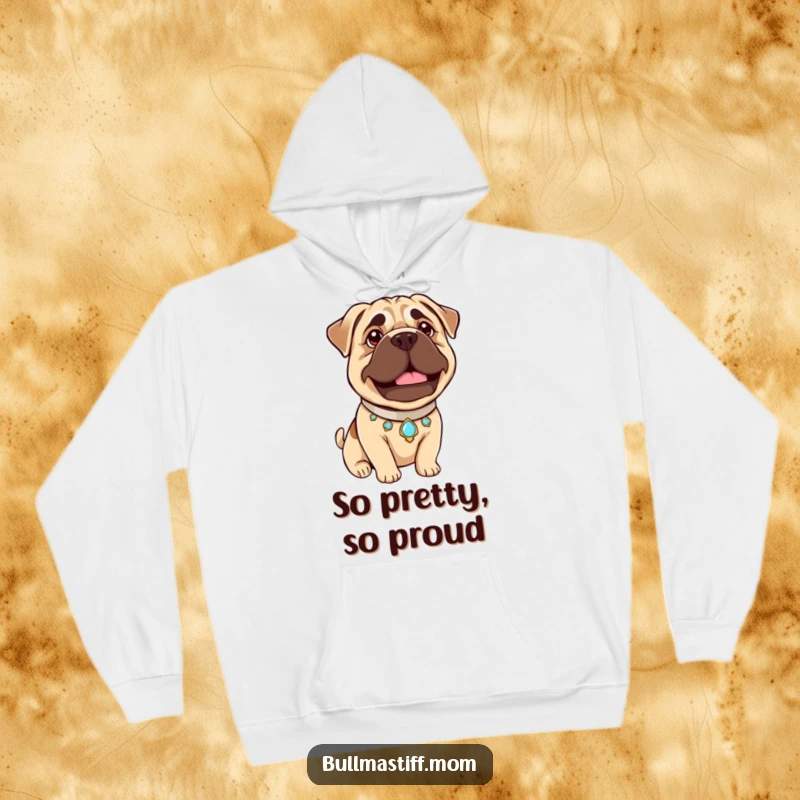 Funny Bullmastiff Pride Hoodie: A Bullmastiff proudly sports a jeweled collar and beams gently, embodying warmth and humor.