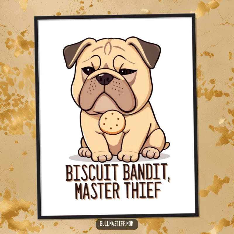 Funny Free Printable Wall Art: A Bullmastiff with a sly wink presents a single, tempting tea biscuit, full of personality.