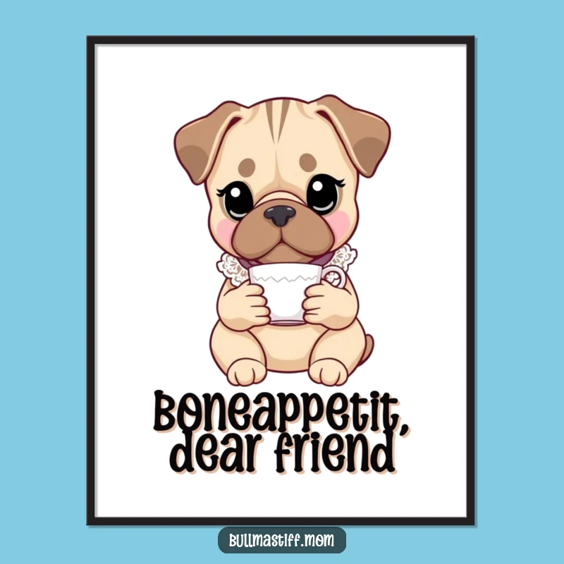 Free Printable Wall Art: Funny Bullmastiff with Teacup - Elegant Dog Downloadable Decor
