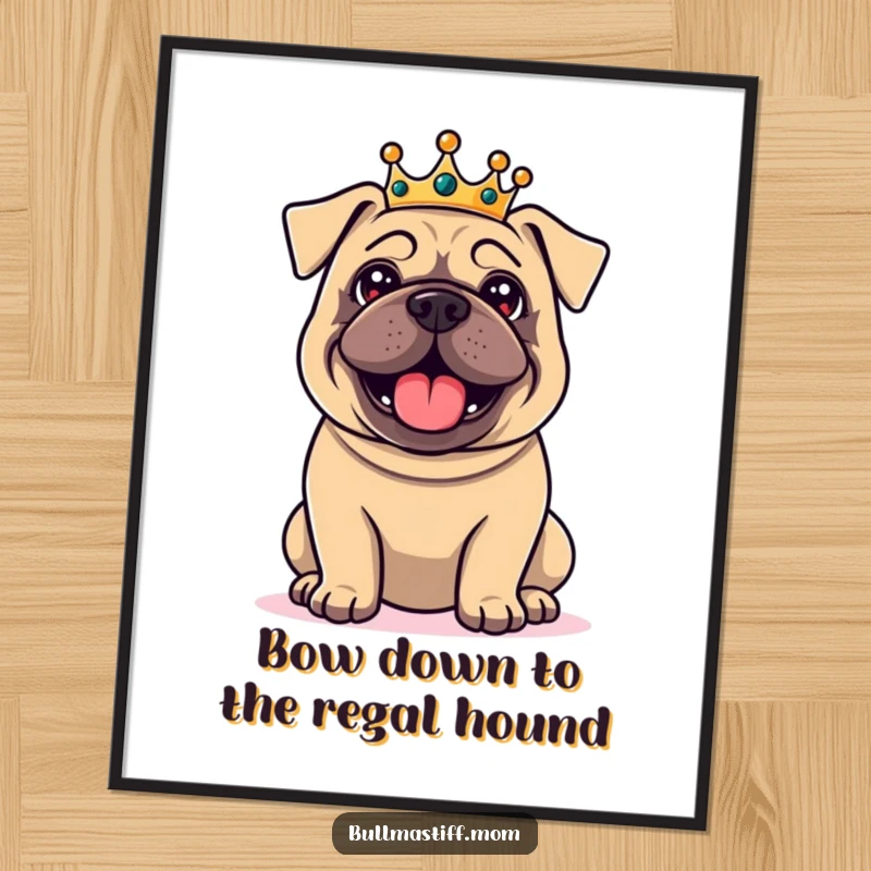 Funny Free Printable Wall Art: A delighted Bullmastiff wearing a small crown, exuding regal charm and a hint of playful mischief.