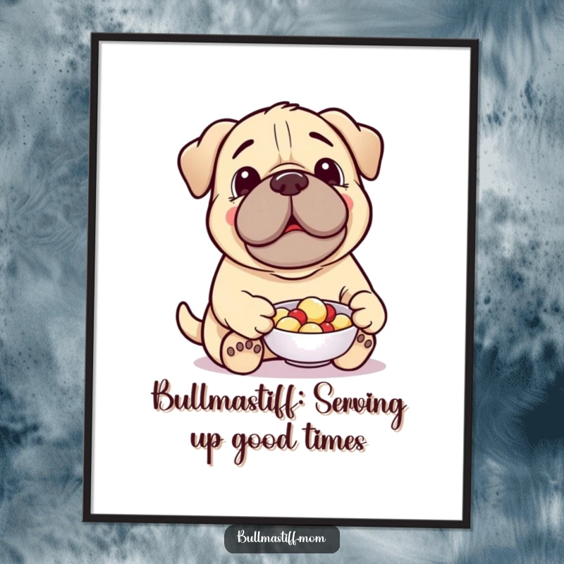 Funny Free Printable Wall Art: A cheerful Bullmastiff character kindly offers a tasty treat from a little dish.