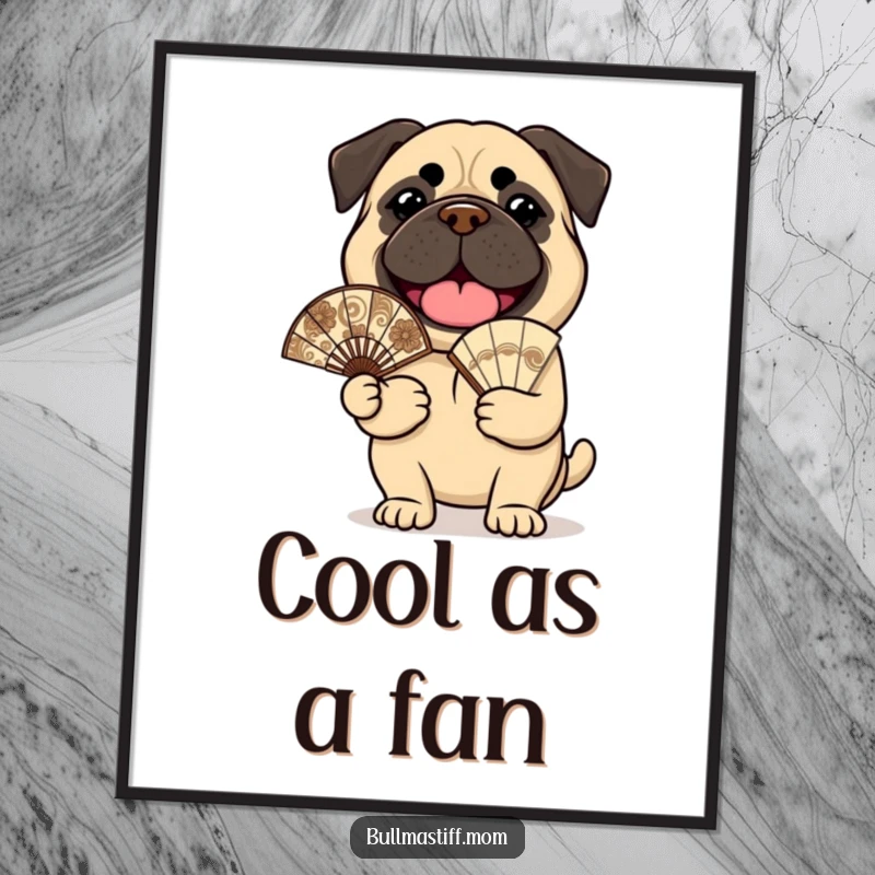Funny Free Printable Wall Art: A cheerful bullmastiff holds a small, ornate fan, creating a stylish and humorous piece of decor.