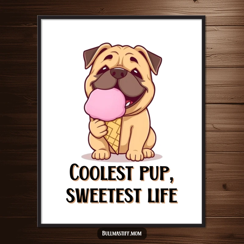 Funny Free Printable Wall Art: Bullmastiff with a wide, happy grin licking a comically large ice cream cone.