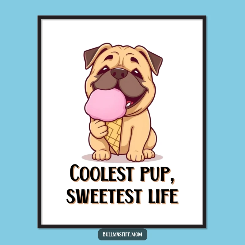 Free Printable Wall Art: Happy Bullmastiff Ice Cream Cone, Whimsical Dog Art