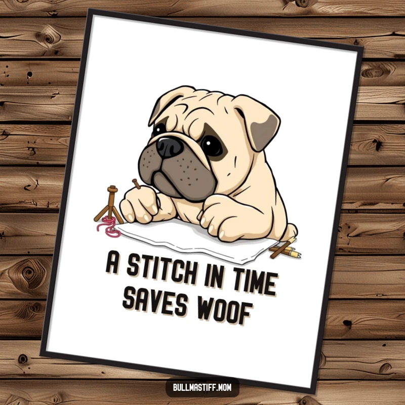 Funny Free Printable Wall Art of a Bullmastiff hilariously attempting to embroider, showcasing its large, clumsy paws.