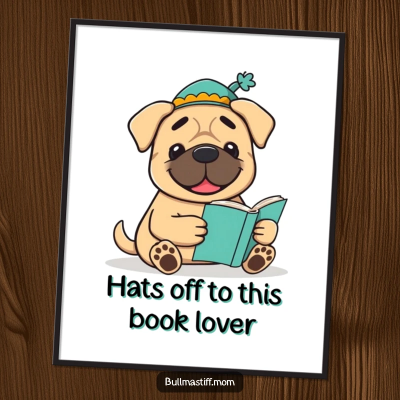 Funny Free Printable Wall Art: A smiling Bullmastiff wearing a small decorative hat is happily engrossed in a book.