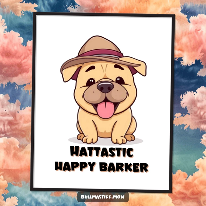 Funny Free Printable Wall Art: A Bullmastiff sporting a silly hat barks happily, full of life.