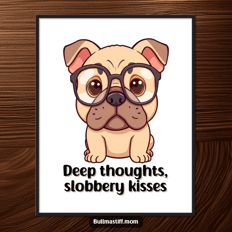 Funny Free Printable Bullmastiff wearing oversized spectacles, looking thoughtful, intellectual wall art downloadable.