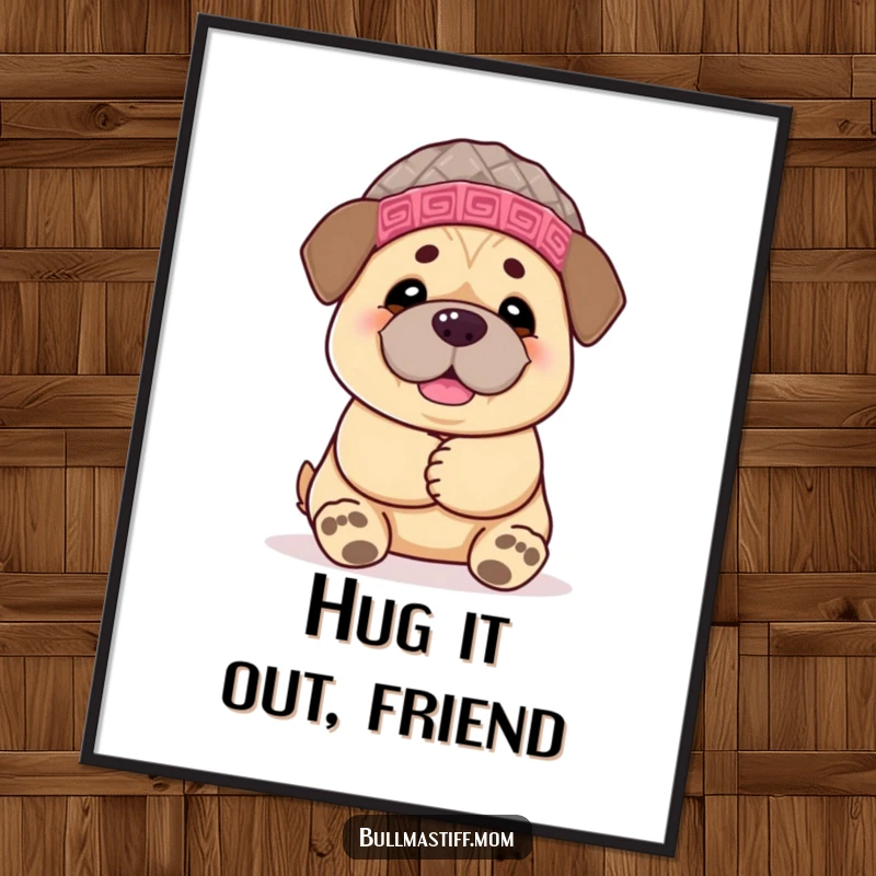 Funny Free Printable Wall Art: A sweet Bullmastiff wearing a knitted hat gives a giant, comforting hug, radiating warmth and joy.