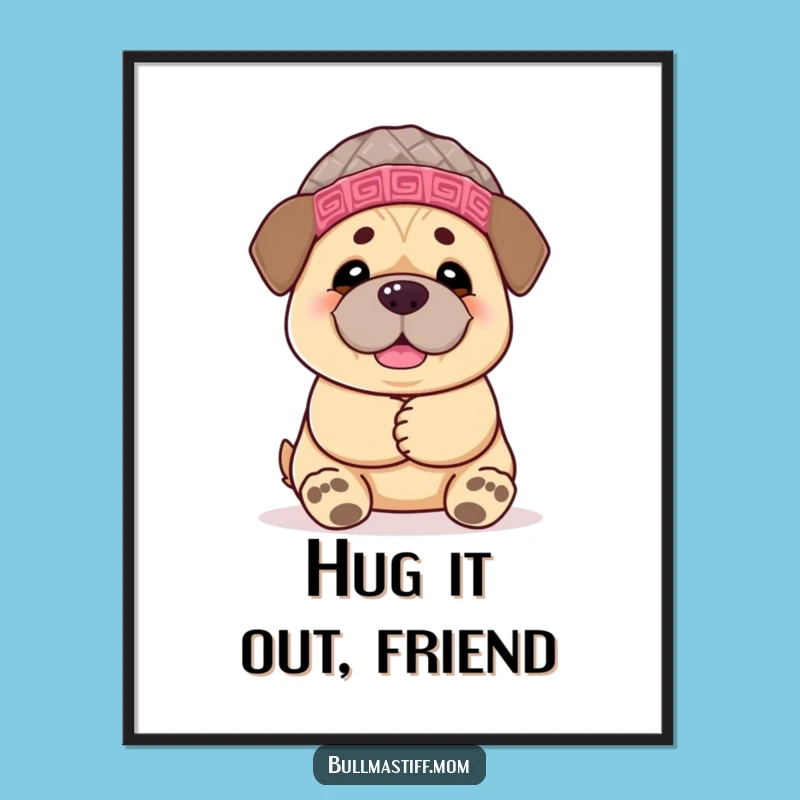 Free Printable Wall Art: Bullmastiff Hug! Cozy Hat, Funny Downloadable Art Gift.