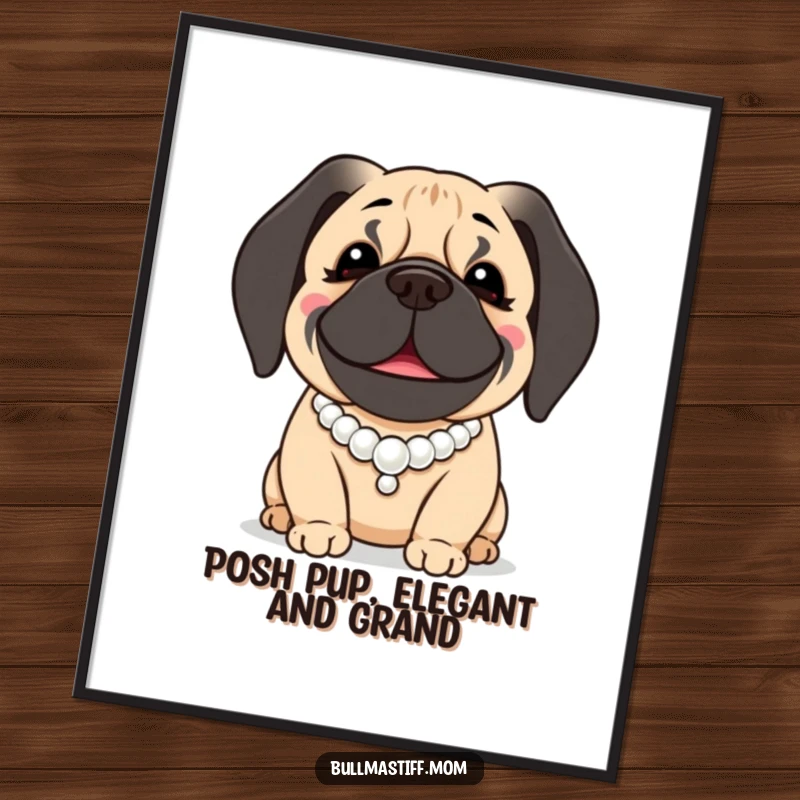 Funny free printable wall art: A smiling Bullmastiff wearing a pearl necklace, elegant and humorous downloadable art.