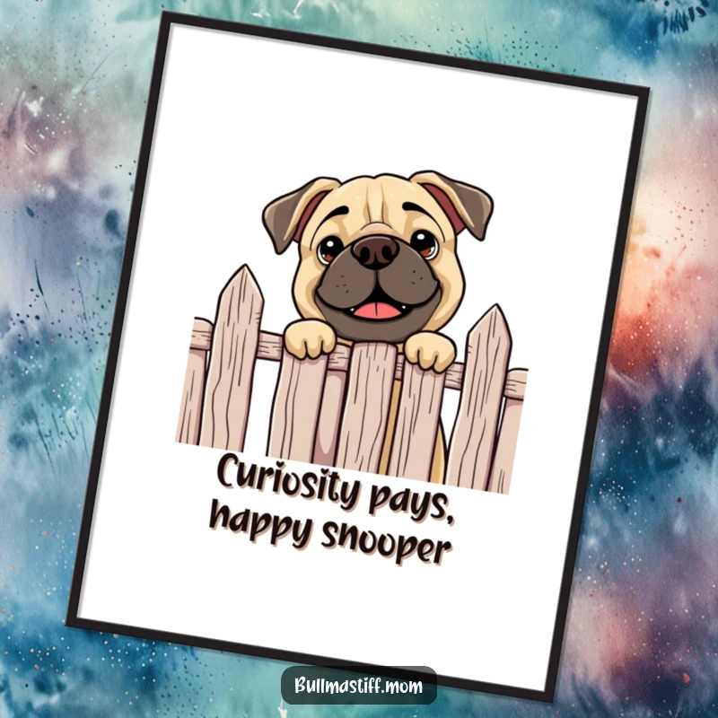 Funny Free Printable Wall Art: A happy Bullmastiff curiously peeking over a fence, with a joyful expression, adding playful decor.