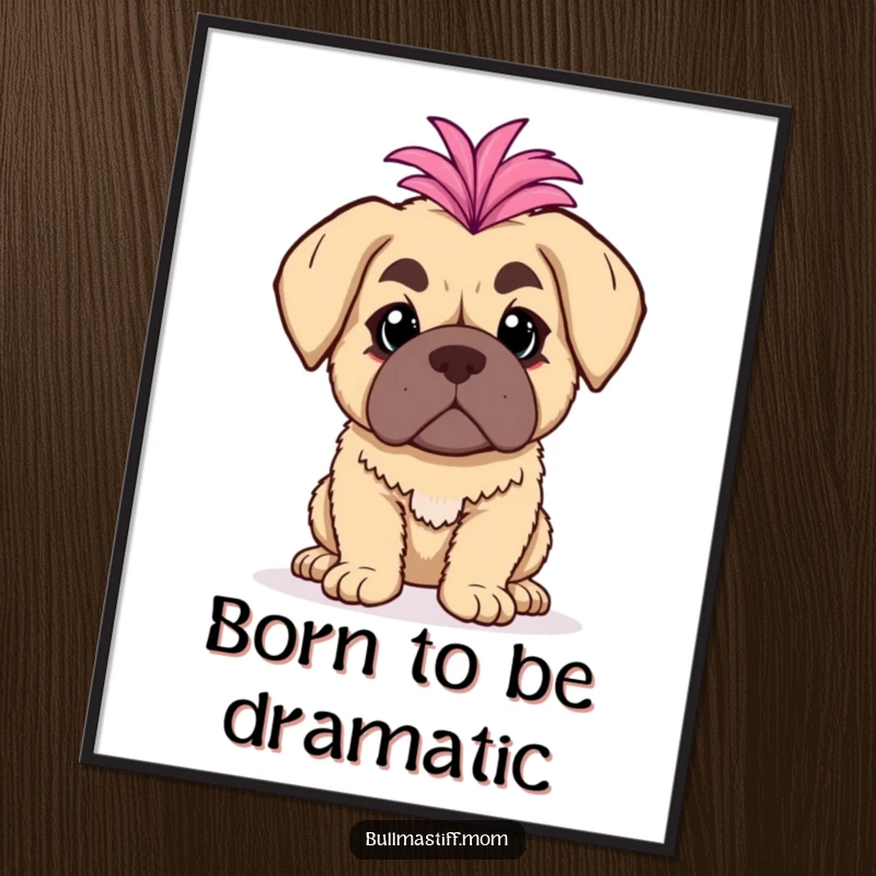 Funny Free Printable Wall Art: A bullmastiff strikes a dramatic pose, adorned with a luxurious fluffy boa, creating striking decor.