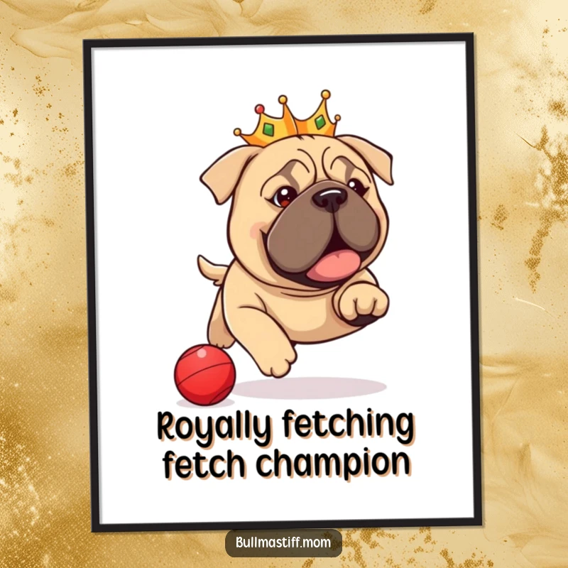 Funny Free Printable Wall Art: A Bullmastiff wearing a tiny crown playfully chases a red ball, bringing regal humor to any room.
