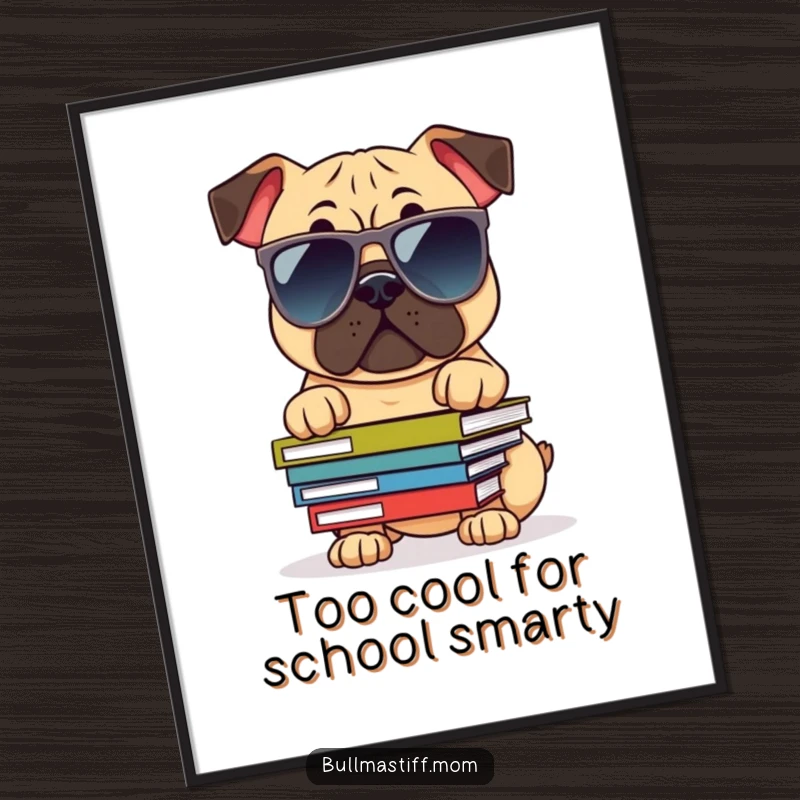 Funny Free Printable Wall Art: A Bullmastiff wearing oversized sunglasses balances a stack of books, exuding cool, studious charm.