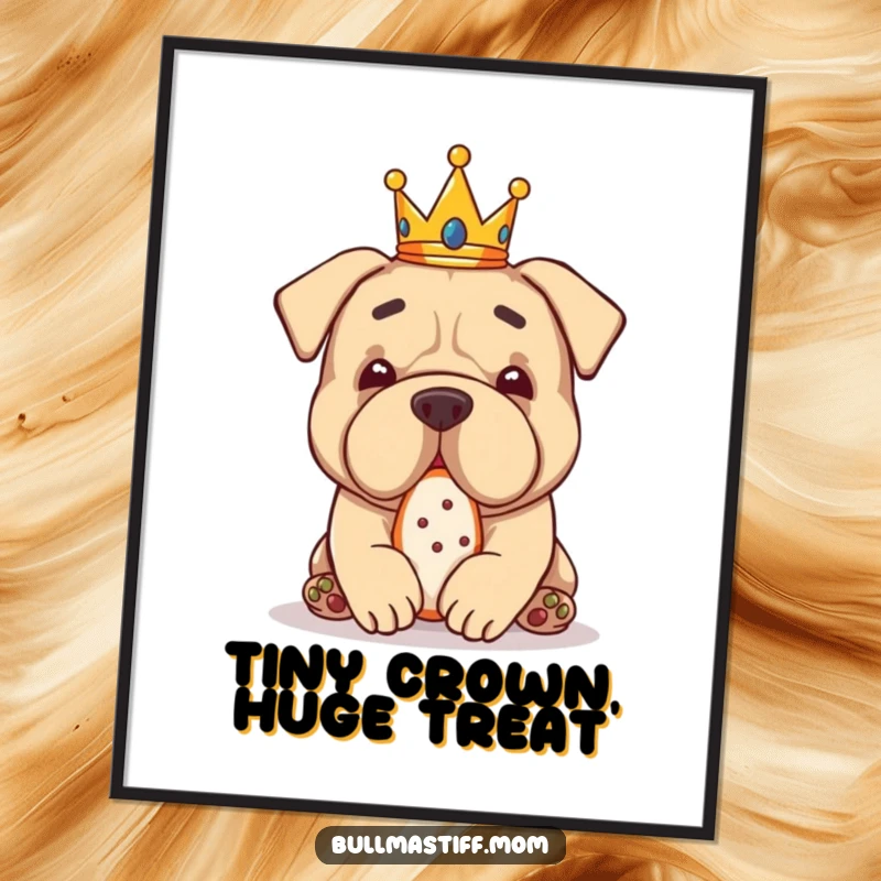 Funny Free Printable Wall Art: Bullmastiff dog wearing a tiny crown, enjoying a tasty treat with gusto.