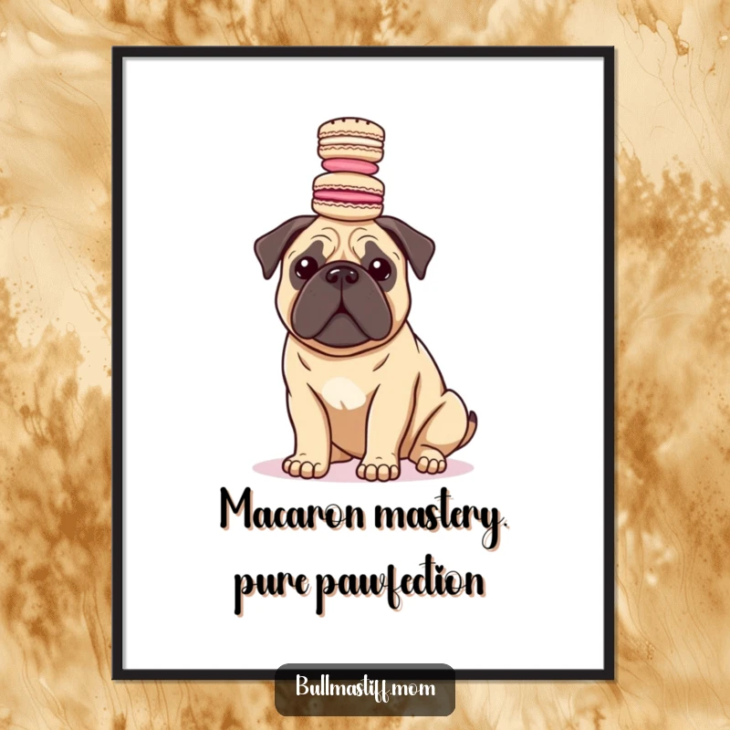 Funny Free Printable Wall Art: A Bullmastiff hilariously balances a precarious stack of gourmet macarons on its head.