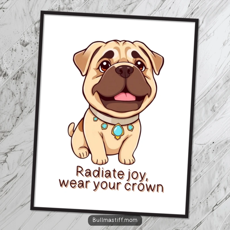 Funny Free Printable Wall Art: Bullmastiff wearing a beautiful jeweled collar, beaming with gentle pride.