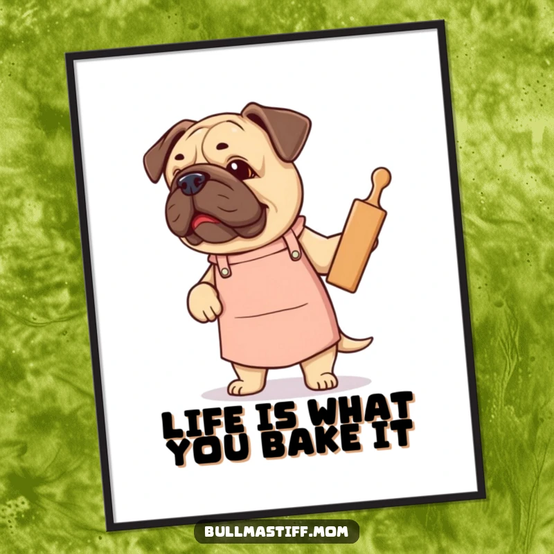 Funny Free Printable Wall Art: A Bullmastiff wearing a cute apron proudly holds a rolling pin, ready to bake.