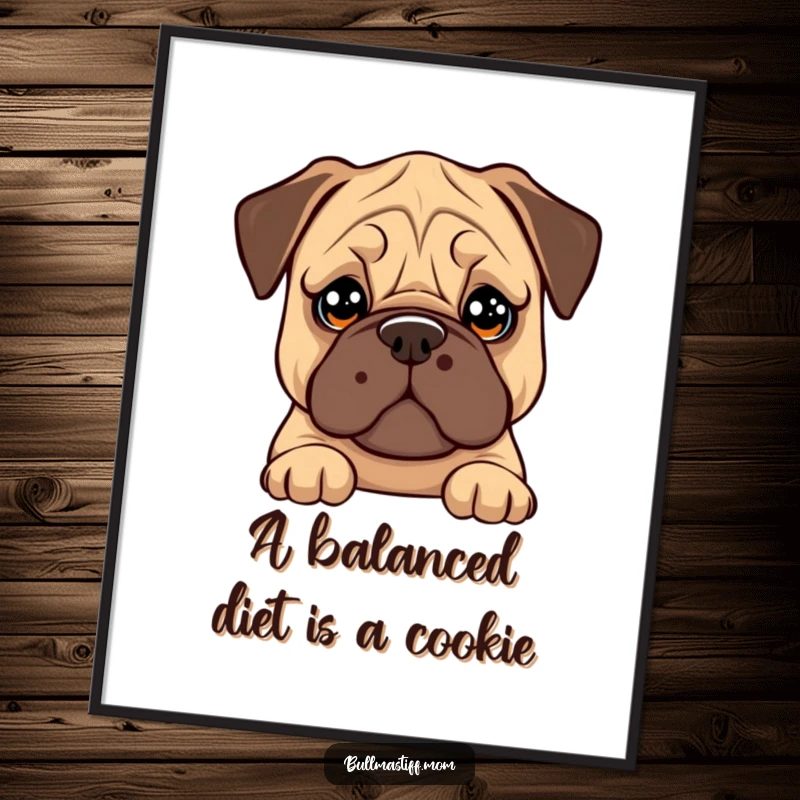 Funny Free Printable Wall Art: A Bullmastiff with big, soulful eyes attempts to balance a cookie on its nose.