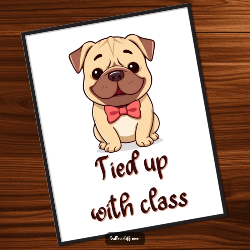 Funny Free Printable Wall Art: A Bullmastiff wearing a bow tie smiles gently, bringing refined humor to your decor.
