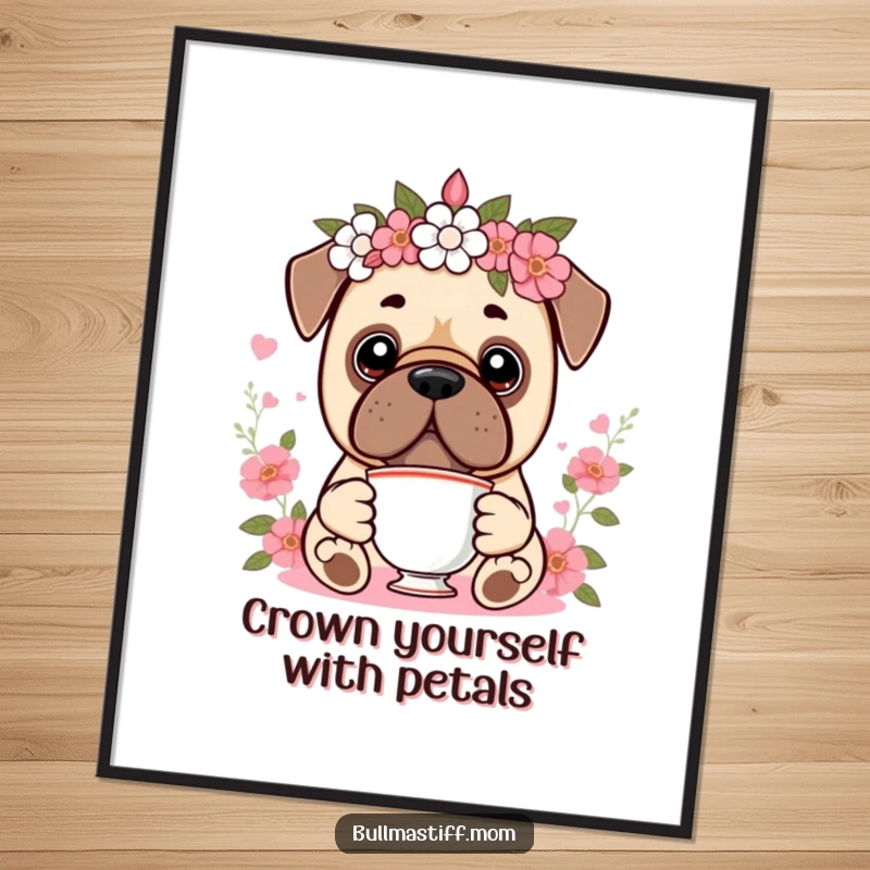 Funny Free Printable Wall Art: A Kawaii Bullmastiff in a dainty floral crown, holding a teacup, looking refined.