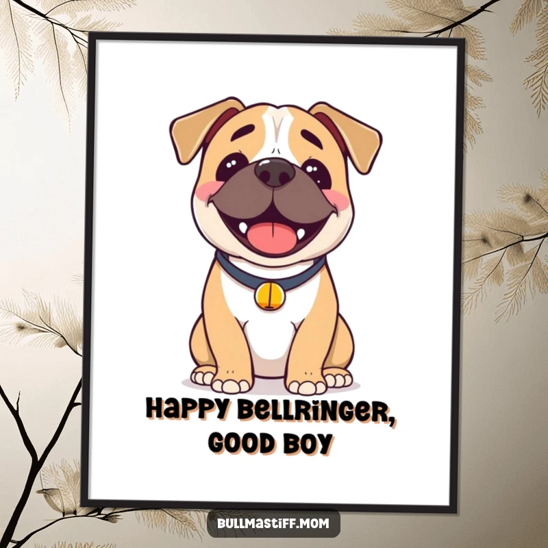 Funny Free Printable Wall Art: A Bullmastiff with an infectious smile and a small bell collar radiates pure joy and happiness.