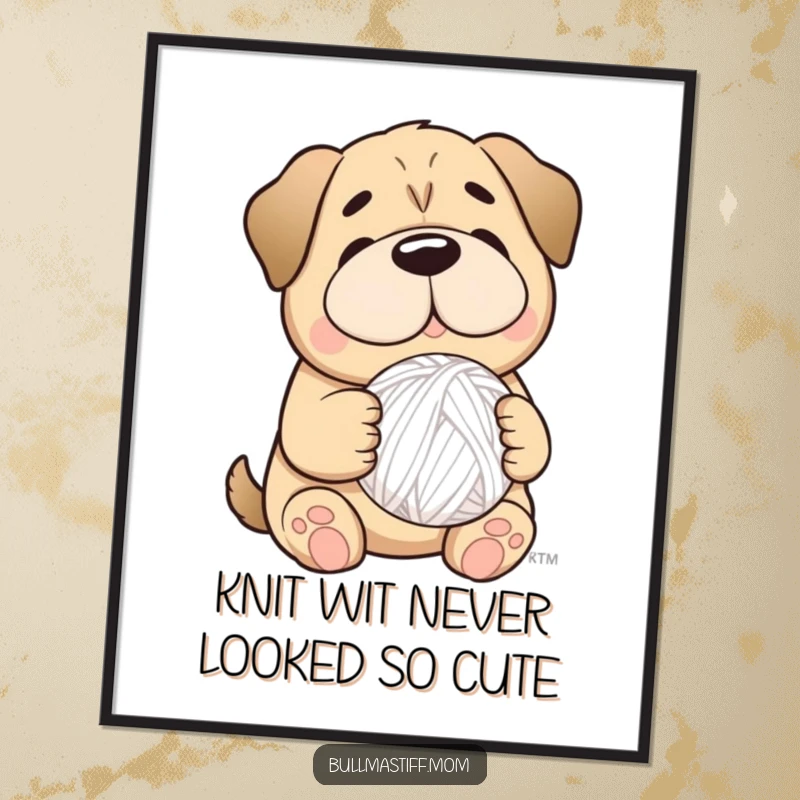 Funny Free Printable Bullmastiff, gentle smile, holding yarn ball, cozy heartwarming wall art downloadable.